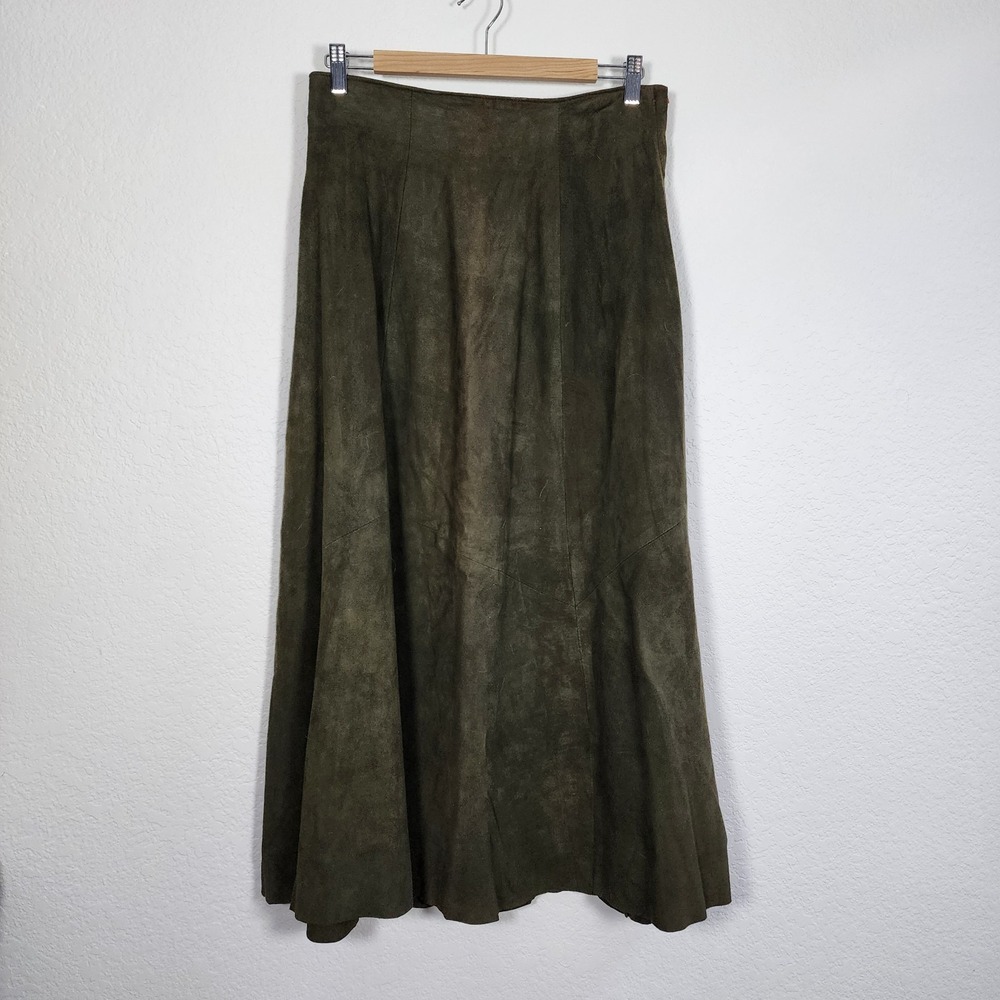 Vintage 90s Vakko 14 Green Suede Maxi Lined Skirt Cowgirl Western Poetcore